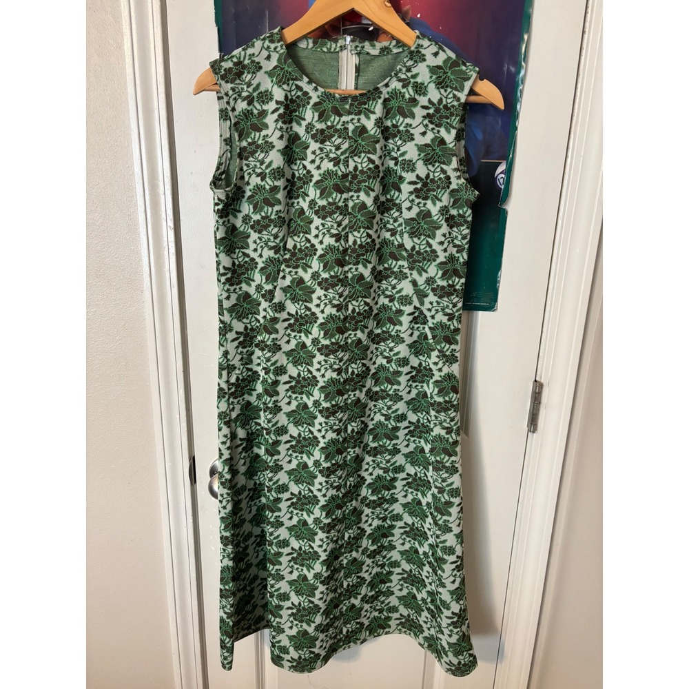 Vintage Green Floral Jacquard Sleeveless Shift Dress Round Neck 60s handmade
